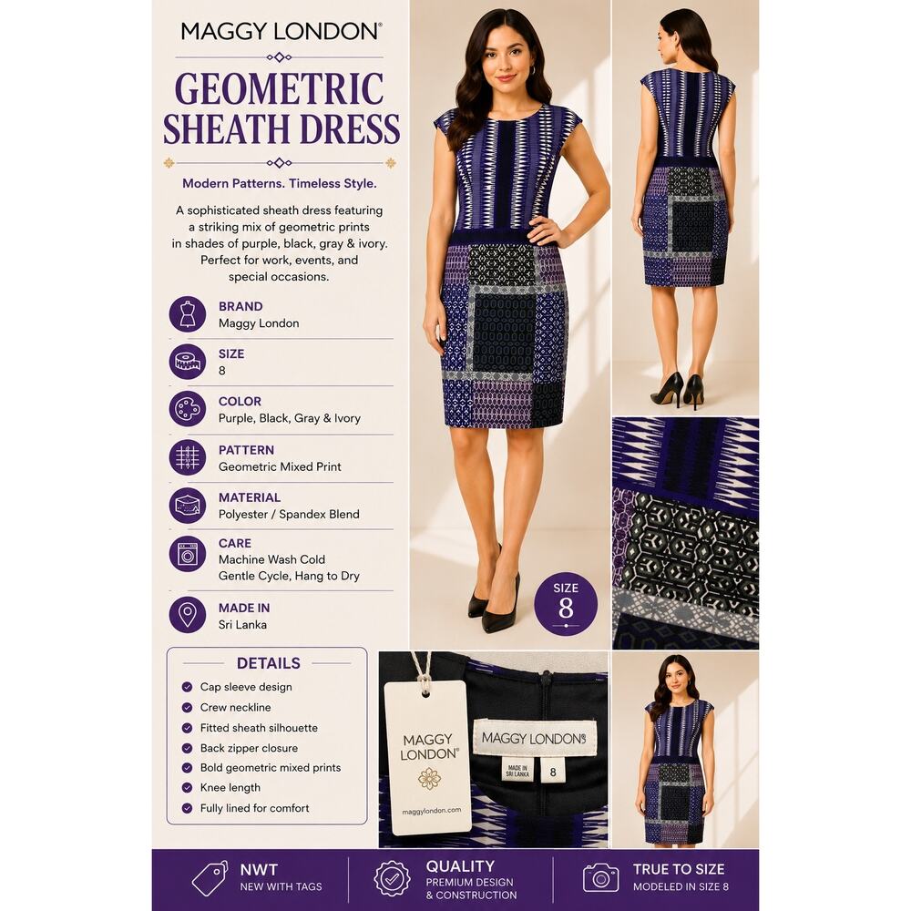 Maggy London Sheath Dress Womens Size 8 Purple Geometric Print NWT Career